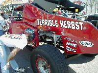 Jimmy inspecting the huge rear suspension on Truggy, Terrible Herbst's monsterous combination of truck and buggy.