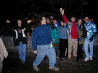 And the party begins...Ken firing up the crowd at the bus stop on the way to the Village.