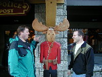 Doug and Chuck playing with the moose at the RCMP trading post
